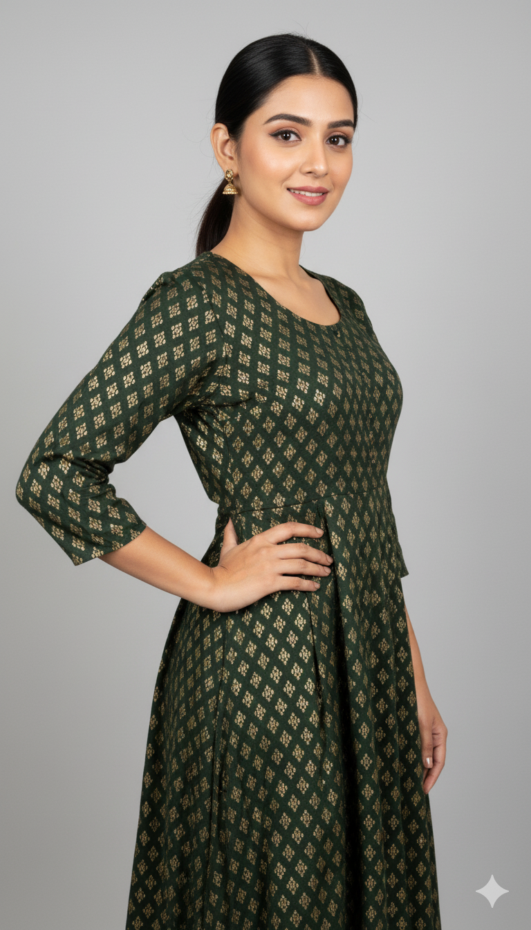 Emerald Green Gold Brocade A-Line Dress.