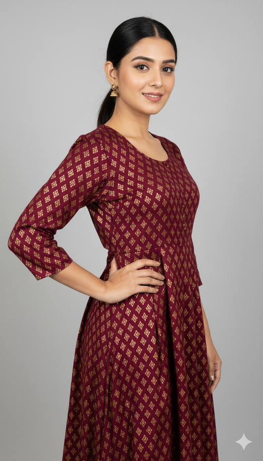 Emerald Green Gold Brocade A-Line Dress.