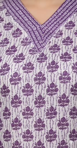 Lavender V-Neck Block Print Kurta Set