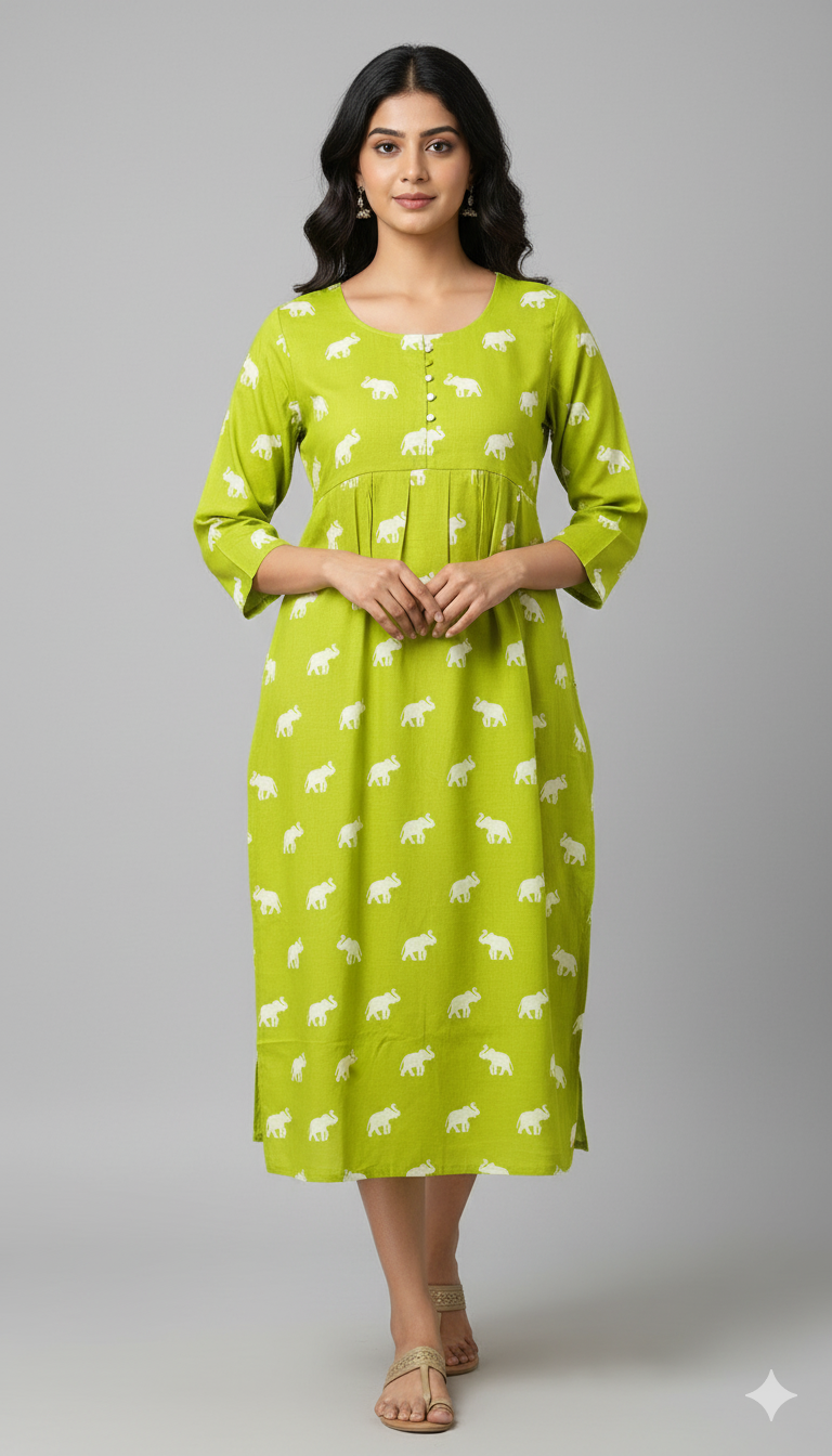 Lime Green Elephant Print Midi Dress.