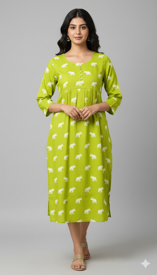 Lime Green Elephant Print Midi Dress.
