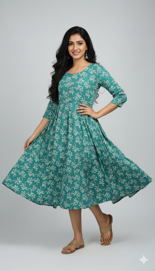 Teal Floral Print Flared Midi Dress.