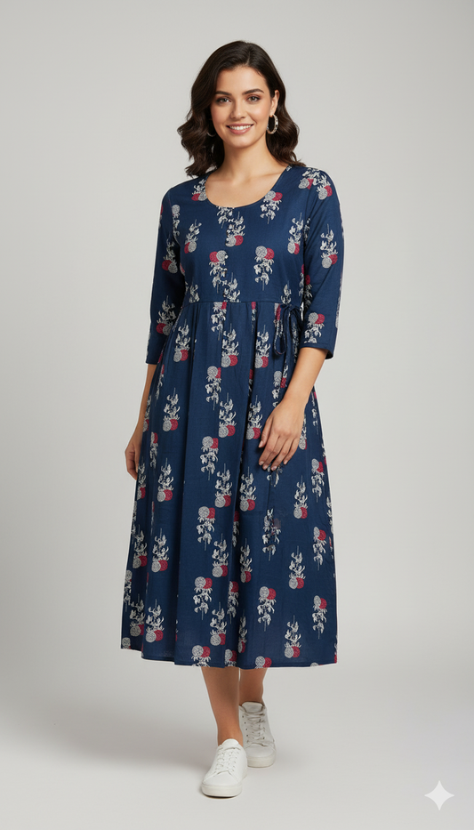 Navy Blue Floral Print Gathered Midi Dress.