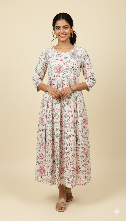 Off-White Warli Print Gathered Maxi Dress