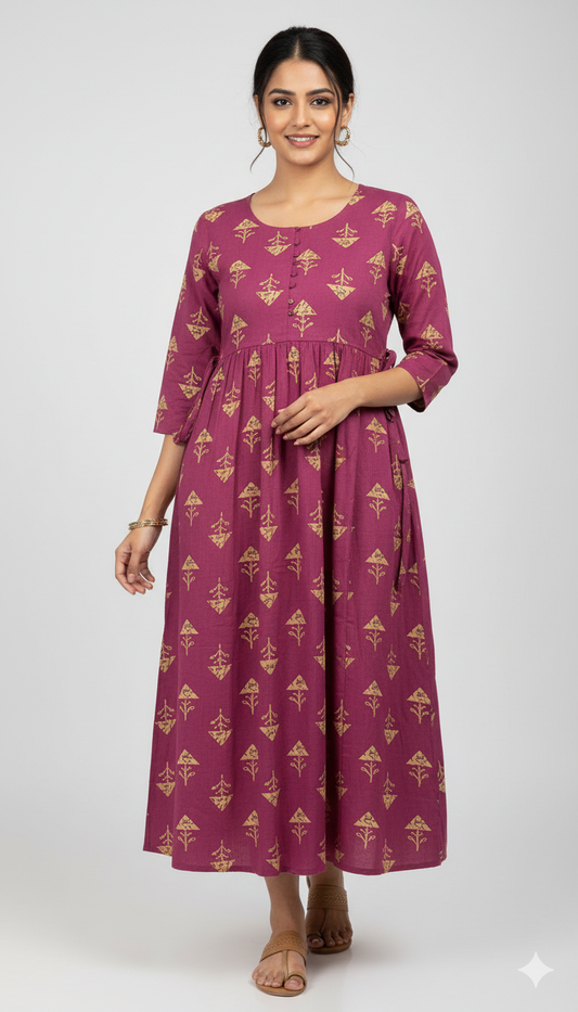 Magenta Block Print Gathered Maxi Dress.