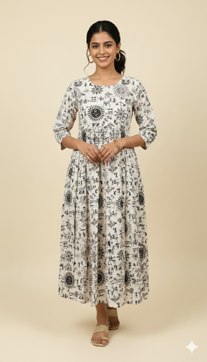 Off-White Warli Print Gathered Maxi Dress