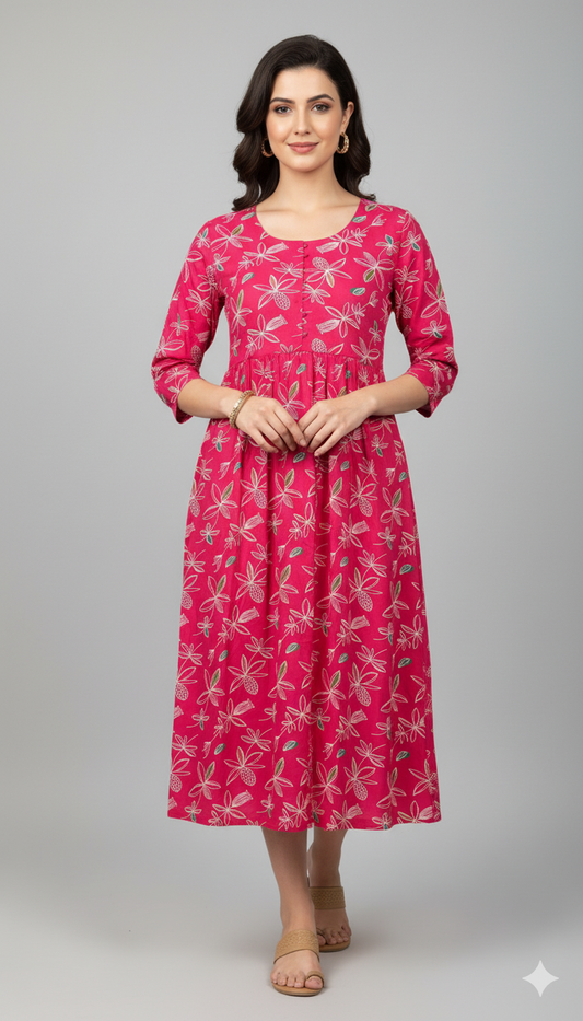 Fuchsia Floral Print Gathered Midi Dress.