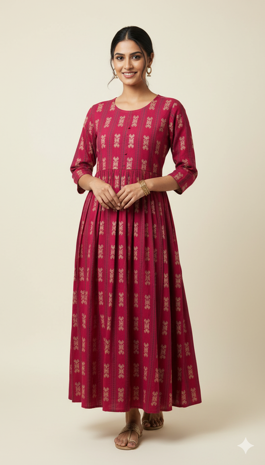 Deep Pink Ethnic Stripe Print Maxi Dress.