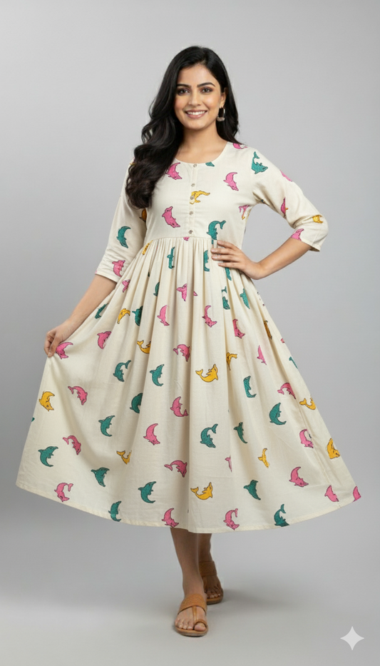 Off-White Colorful Dolphin Print Midi Dress.
