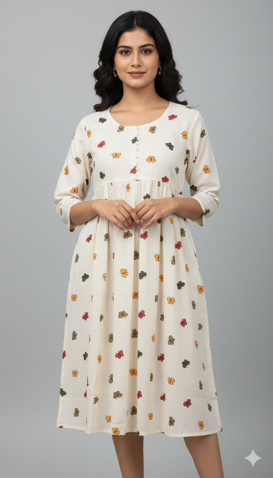Off-White Butterfly Print Gathered Midi Dress