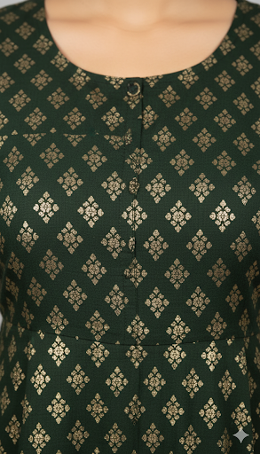 Emerald Green Gold Brocade A-Line Dress.