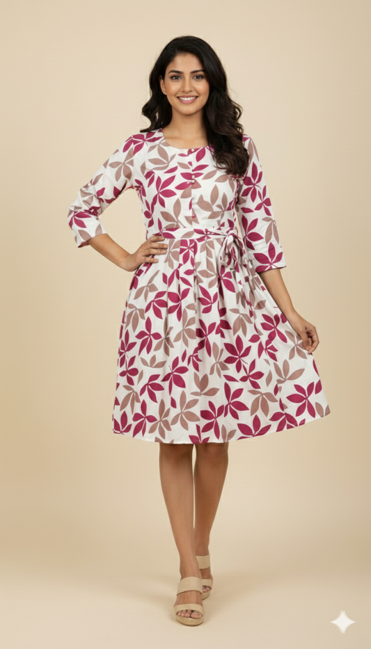 Maroon Paneled Ethnic Print A-Line Dress