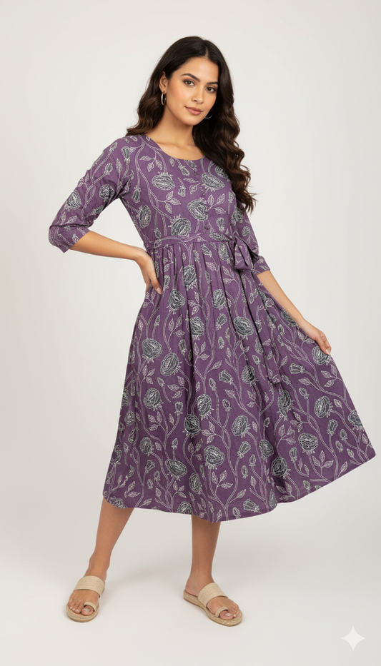Floral Print A-Line Midi Dress with a Notched Neckline.