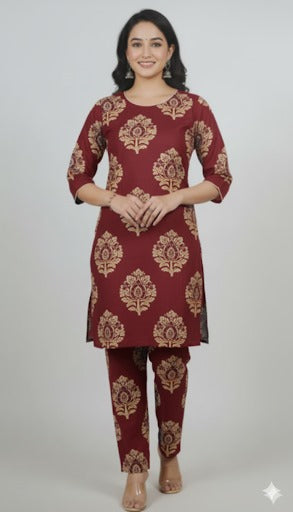 Ethnic Printed Maroon Kurta Set
