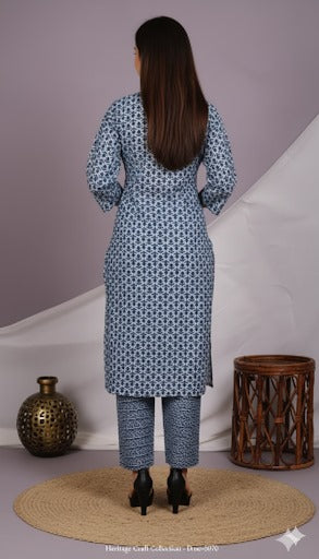 Blue Floral Print Cotton Kurta Set
