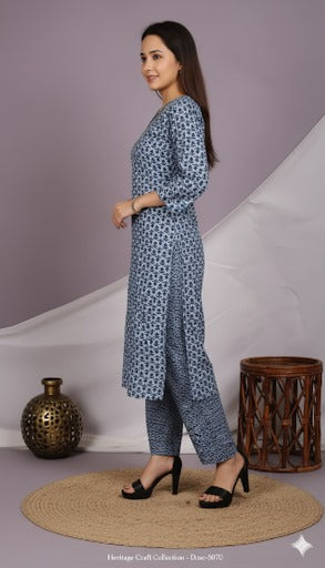Blue Floral Print Cotton Kurta Set