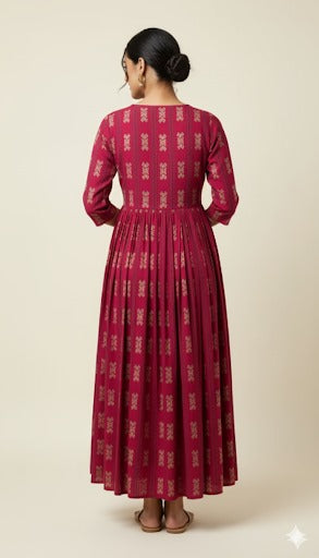 Deep Pink Ethnic Stripe Print Maxi Dress.