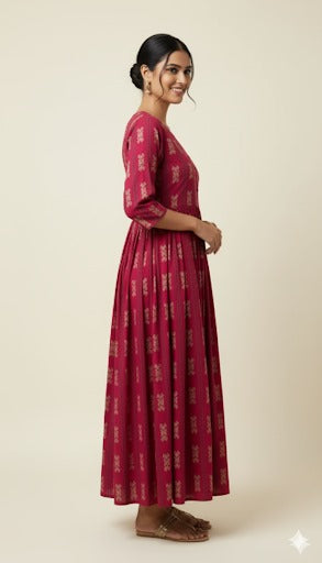 Deep Pink Ethnic Stripe Print Maxi Dress.