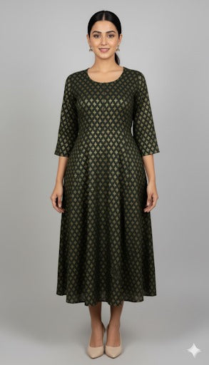 Emerald Green Gold Brocade A-Line Dress.