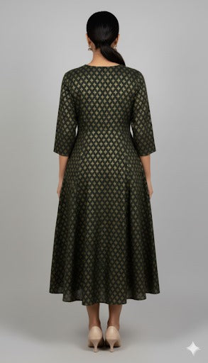 Emerald Green Gold Brocade A-Line Dress.