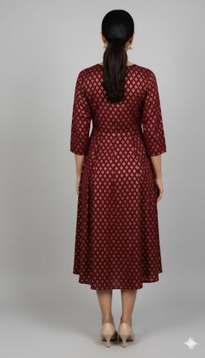 Emerald Green Gold Brocade A-Line Dress.