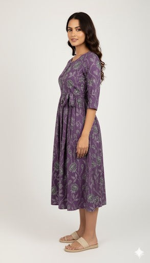 Floral Print A-Line Midi Dress with a Notched Neckline.