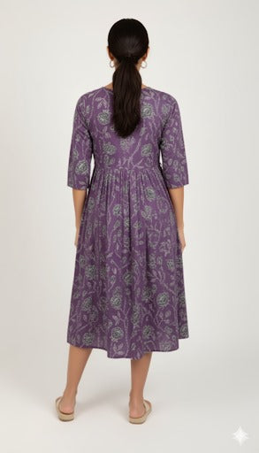 Floral Print A-Line Midi Dress with a Notched Neckline.