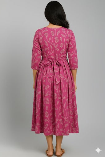 Floral Print A-Line Midi Dress with a Notched Neckline.