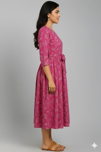 Floral Print A-Line Midi Dress with a Notched Neckline.