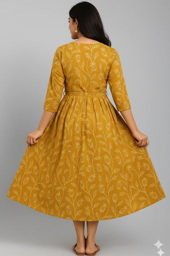 Floral Print A-Line Midi Dress with a Notched Neckline.