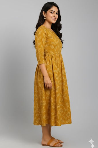 Floral Print A-Line Midi Dress with a Notched Neckline.