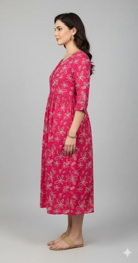 Fuchsia Floral Print Gathered Midi Dress.