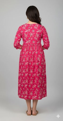 Fuchsia Floral Print Gathered Midi Dress.