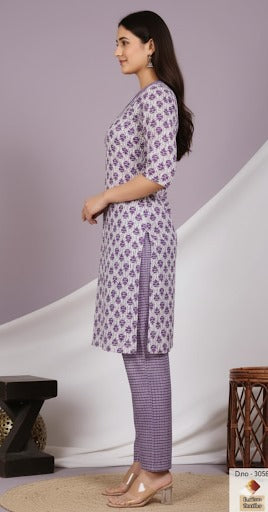 Lavender V-Neck Block Print Kurta Set