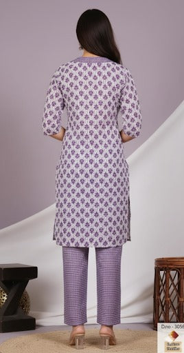 Lavender V-Neck Block Print Kurta Set