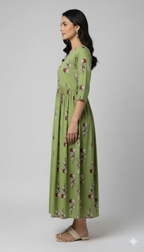 Light Green Floral Print 3/4 Sleeve Dress.