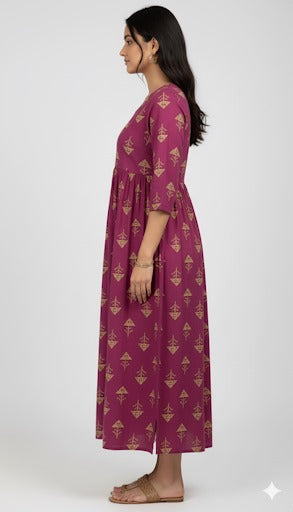Magenta Block Print Gathered Maxi Dress.