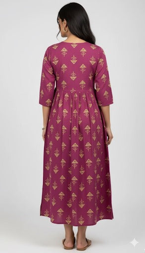 Magenta Block Print Gathered Maxi Dress.