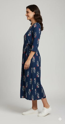 Navy Blue Floral Print Gathered Midi Dress.