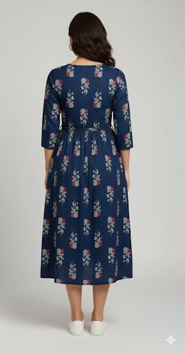 Navy Blue Floral Print Gathered Midi Dress.