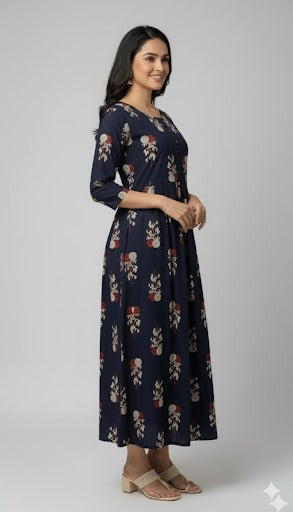 Navy Blue Red Floral Maxi Dress