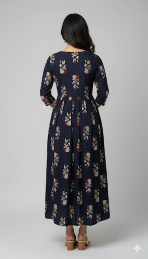 Navy Blue Red Floral Maxi Dress