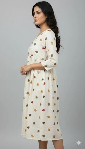 Off-White Butterfly Print Gathered Midi Dress