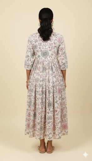 Off-White Warli Print Gathered Maxi Dress