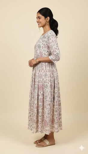 Off-White Warli Print Gathered Maxi Dress