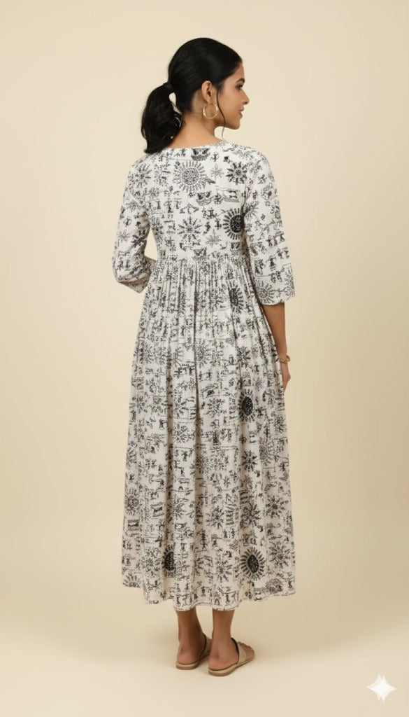 Off-White Warli Print Gathered Maxi Dress