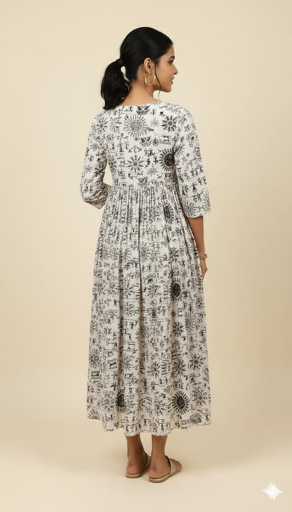 Off-White Warli Print Gathered Maxi Dress