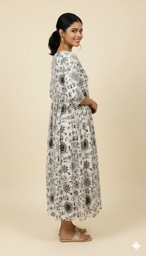 Off-White Warli Print Gathered Maxi Dress