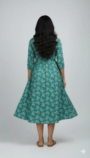 Teal Floral Print Flared Midi Dress.