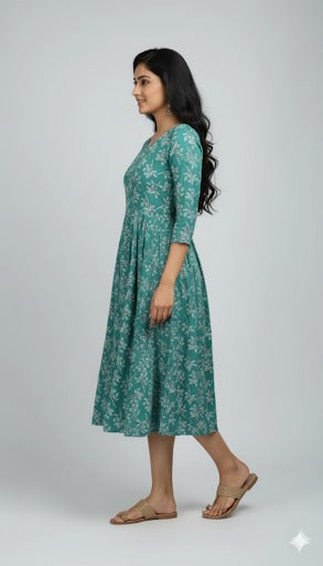 Teal Floral Print Flared Midi Dress.